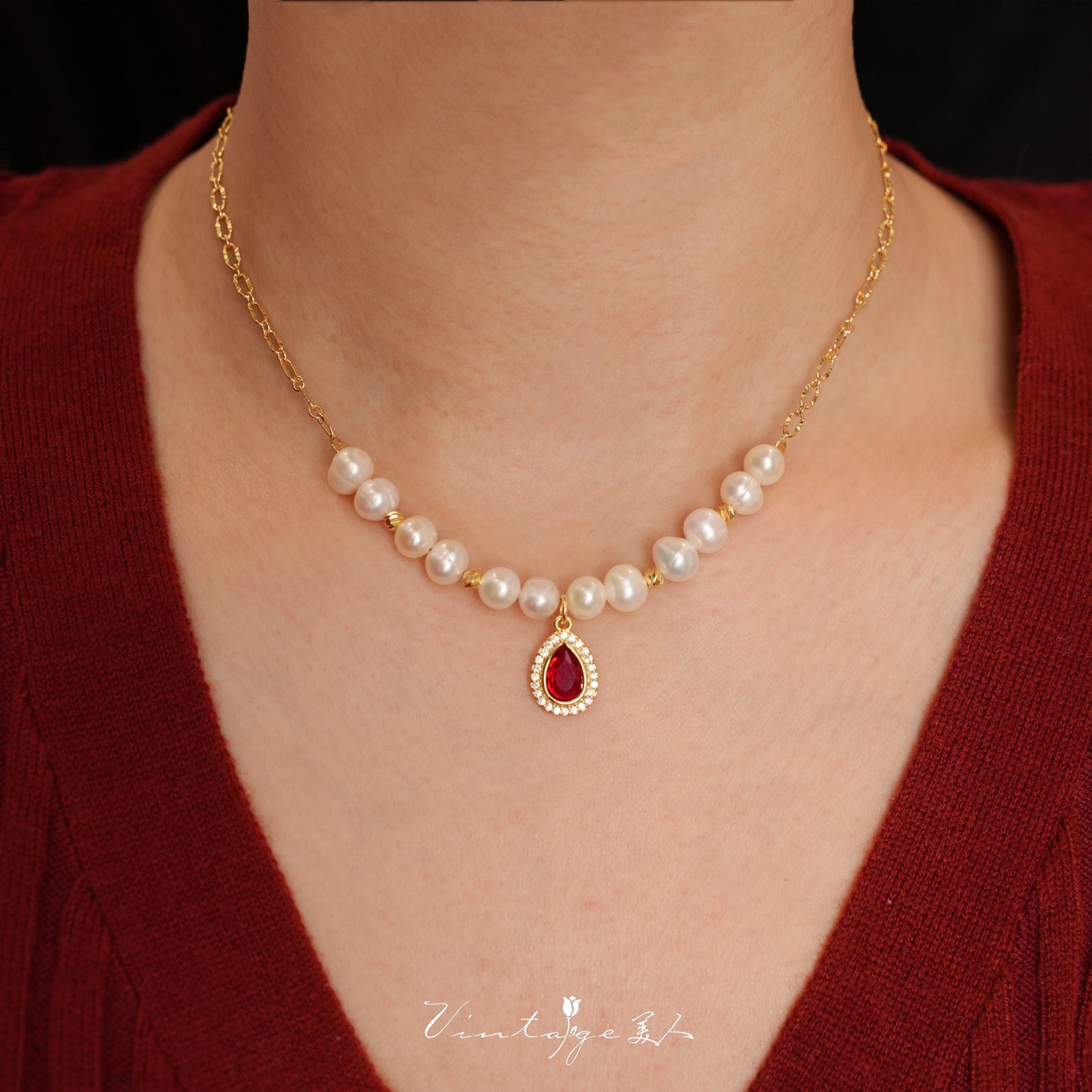 Lady Massel Retro French Natural Pearl Accessible Luxury Classy Wine Red Water Drop Pearl Necklace Clavicle Chain