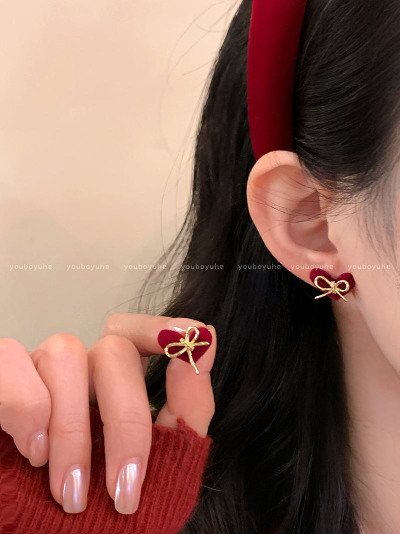 Red Love Heart Bow Tie Flocking Stud Earrings