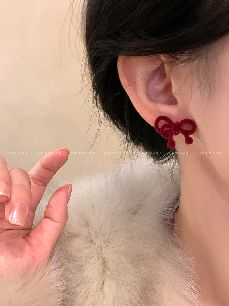 Red Love Heart Bow Tie Flocking Stud Earrings