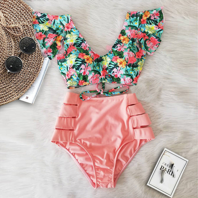 Print Swimwear Women High Waist Bikini Ruffle Swimsuit