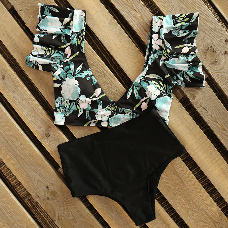 Print Swimwear Women High Waist Bikini Ruffle Swimsuit