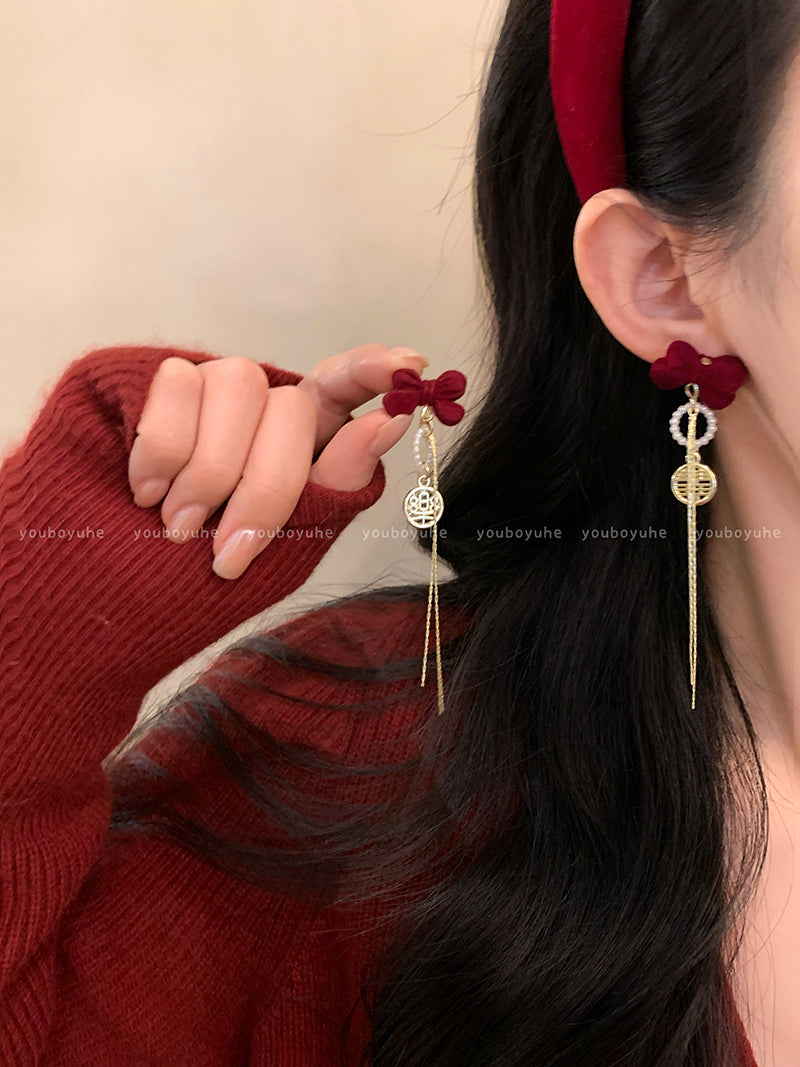 Red Love Heart Bow Tie Flocking Stud Earrings