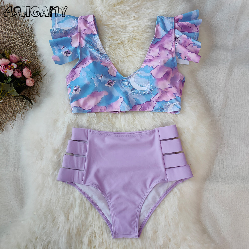 Print Swimwear Women High Waist Bikini Ruffle Swimsuit