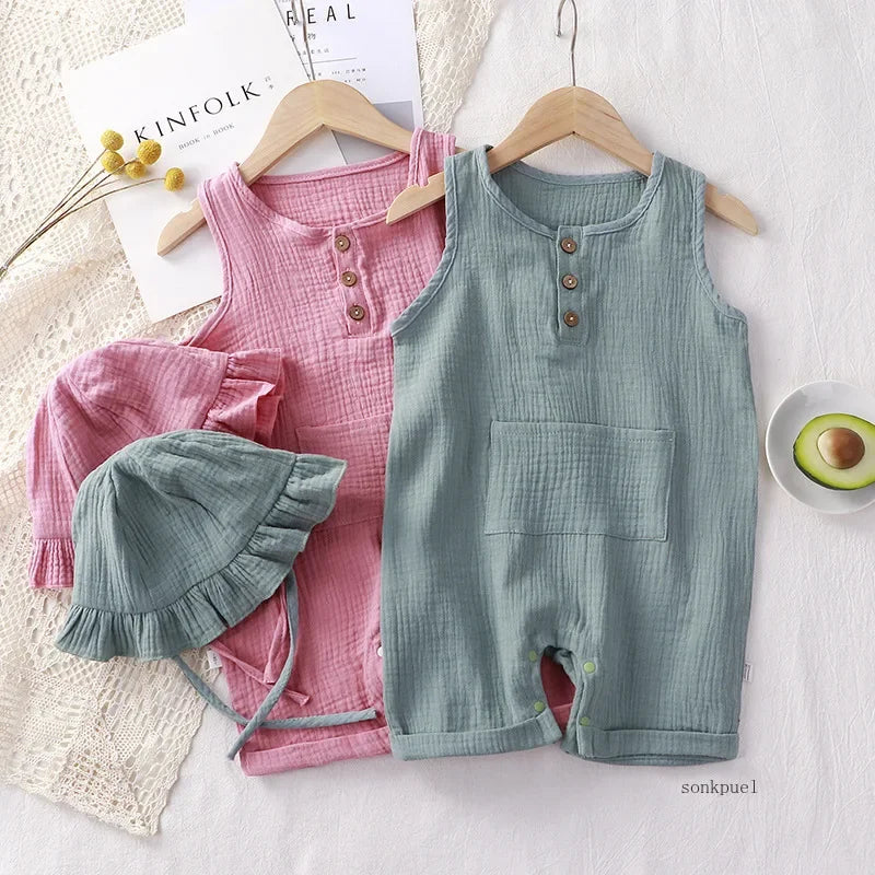 Baby Summer Set Kids Clothing Newborn Infant Romper with Hat Muslin Cotton Baby Boys Girls Jumpsuit Outfits