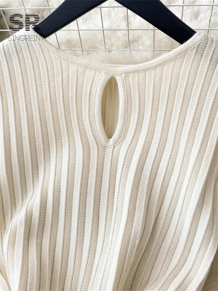 SINGREINY Elegant Knit Pleated Mini Dress Women Soft Ribbed Solid Flare Sleeve Fashion Lady Casual Sweater Slim Dresses