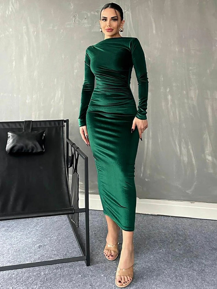 Dulzura 2025 Spring Summer Velvet Long Sleeve Midi Dress For Women Ruched Long Dress Elegant Party Clothes Evening Green Outfits