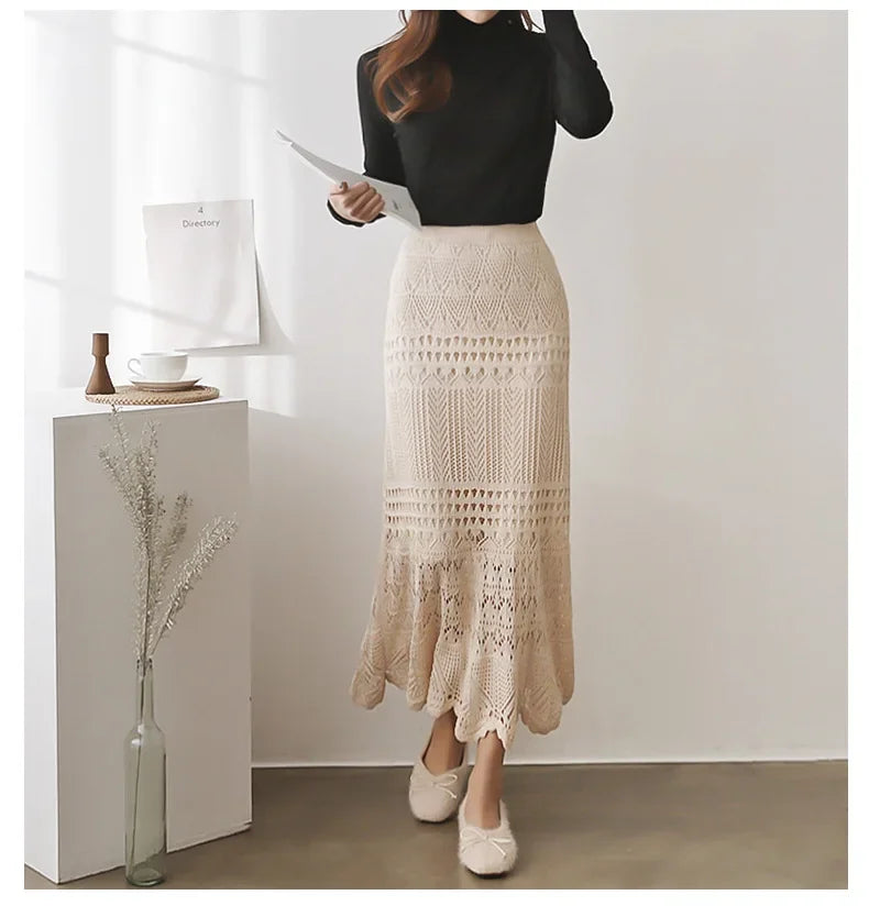 Spring Autumn High-waisted Loose-fit Knit Skirt Women's Hook Flower Hollow Out Long Dress 90cm