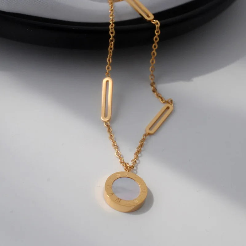 Fashion Roman Digital Wafer Pendant Necklace Stainless Steel Party Jewelry for Women Sexy Choker