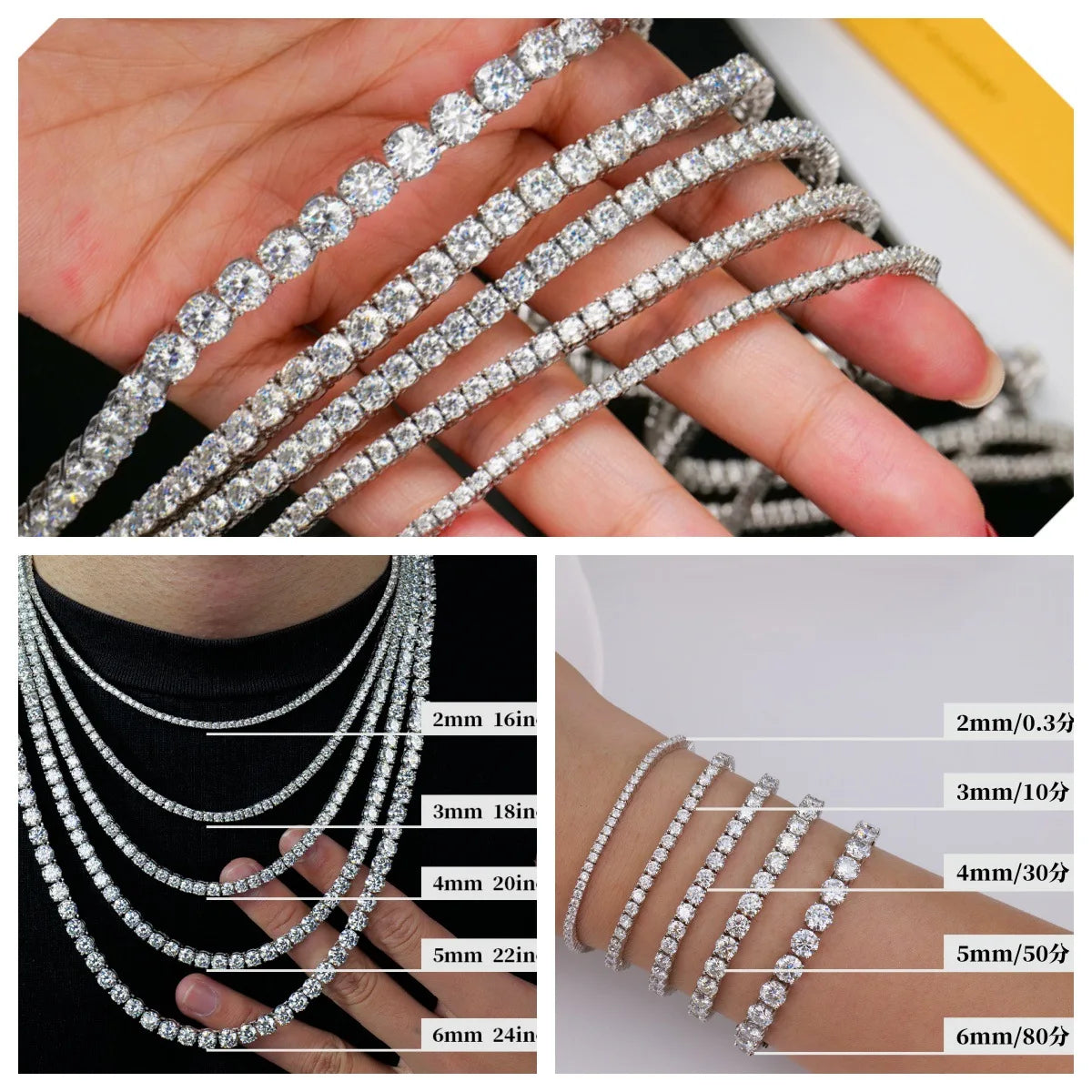 EWYA Full 2mm Moissanite VVS Micro Tennis Chain for Women Men 925 Silver Passes Diamond Tester 16 18 20 to 25 inch Necklace Gift
