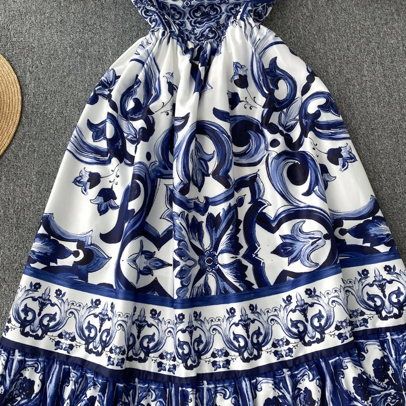 New Summer Holiday Elastic Yellow Print Long Dress Women's Spaghetti Strap Cup Padded Backless Blue White Porcelain Maxi Vestido