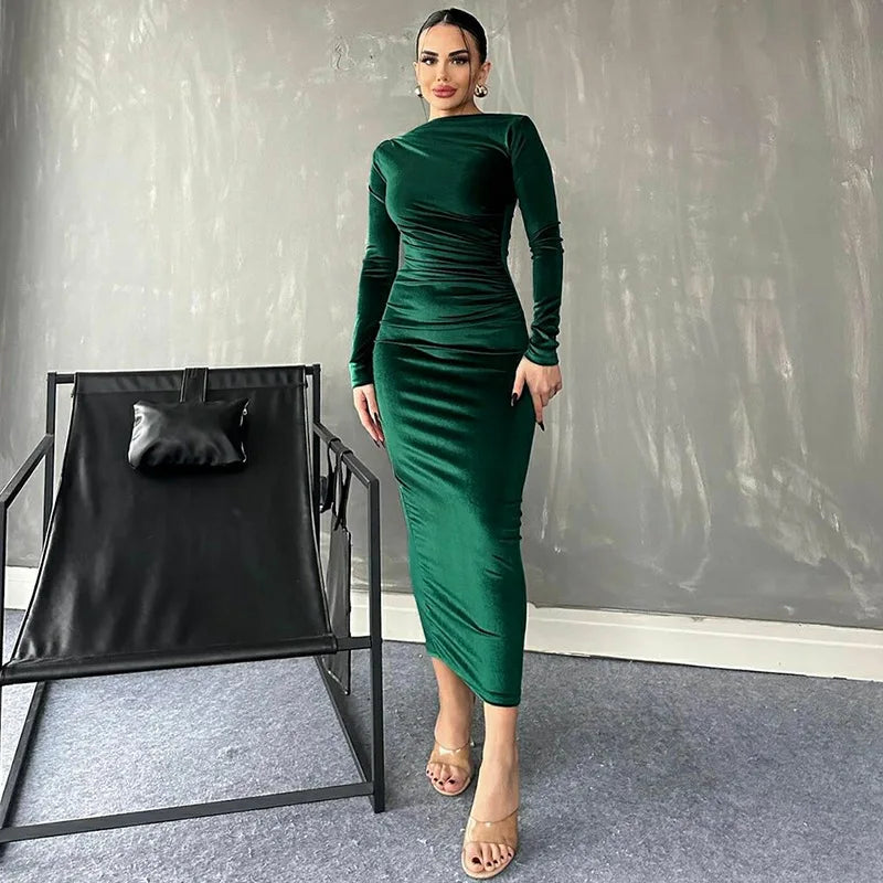 Dulzura 2025 Spring Summer Velvet Long Sleeve Midi Dress For Women Ruched Long Dress Elegant Party Clothes Evening Green Outfits