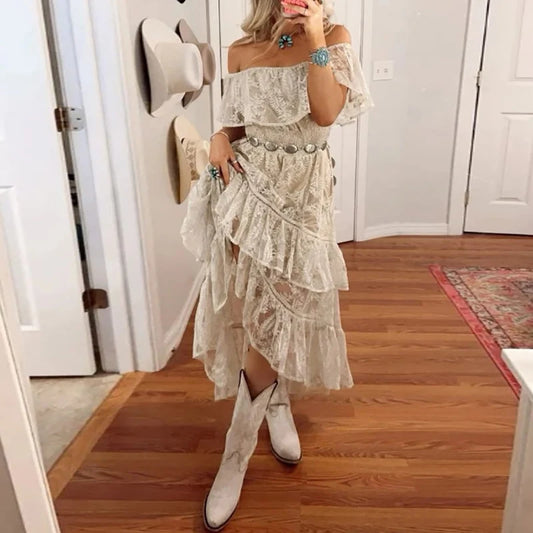 Fashion Embroidery Ruffle Long Dress Elegant Strapless Irregular Bohemian Dress Mujer White Lace Off Shoulder Women Beach Dress