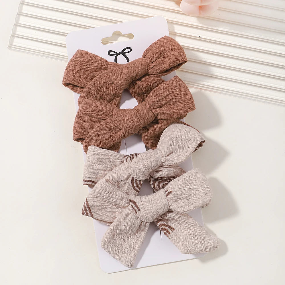 4PCS/Set Muslin Baby Girls Bows Hair Clips Hairpins Hairclip For Kids Cotton Linen Barrette Flower Print Side Pin Accessories