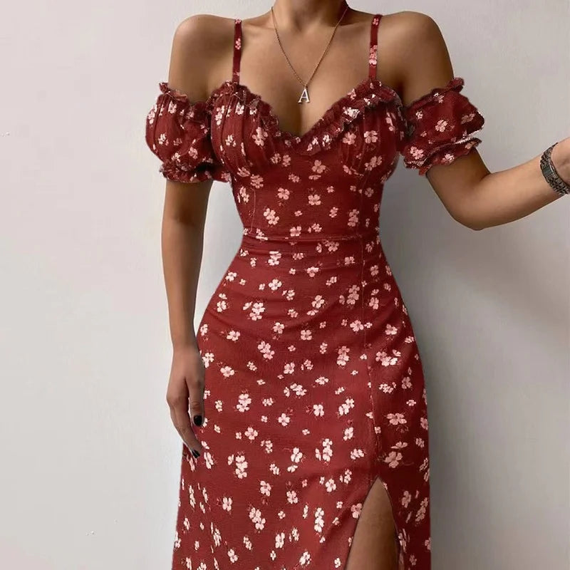 Women Elegant Off Shoulder V Neck Long Dress Sexy Sling Ruffle Strapless Slit Party Dress Spring Floral Print Slim Dress 21764