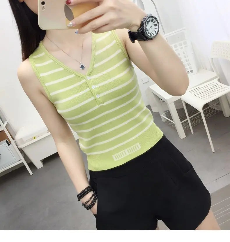 Summer New Short Ice Silk Sling Striped Tank Women's V-neck Button Slim Elastic Versatile Fashion Knitted Sleeveless Top