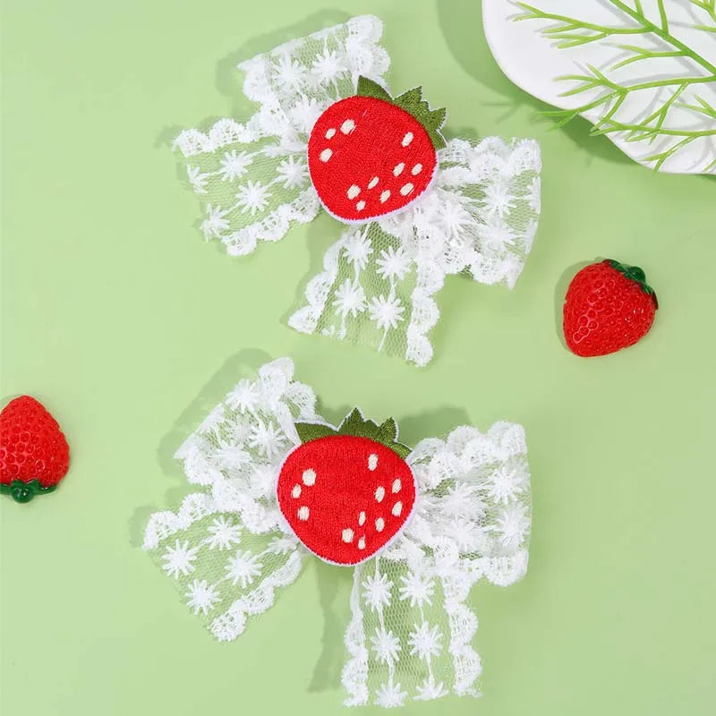ncmama 2Pcs Cherry Bow Hairpin Cute Knitted Hair Clips for Baby Girls Barrette Child Side Clip Headwear Korean Hair Accessories