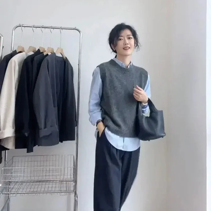 Solid Round O Neck Women's Knitted Vest Pullover Korean Style Clothing Trend Waistcoat Jumper Wear To Work Female Sweater
