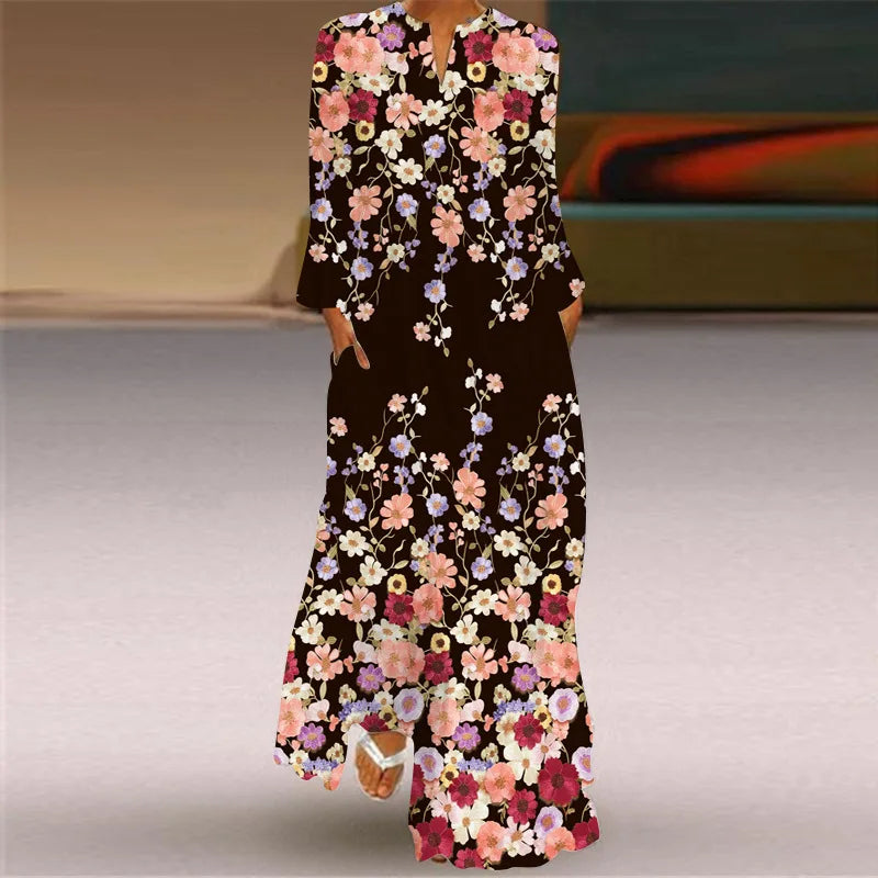 Elegant Bohemian Retro Ethnic Style Large Swing Long Dress 2025 New Women's V-neck Long Sleeved Pocket Printed Loose Dress Femme