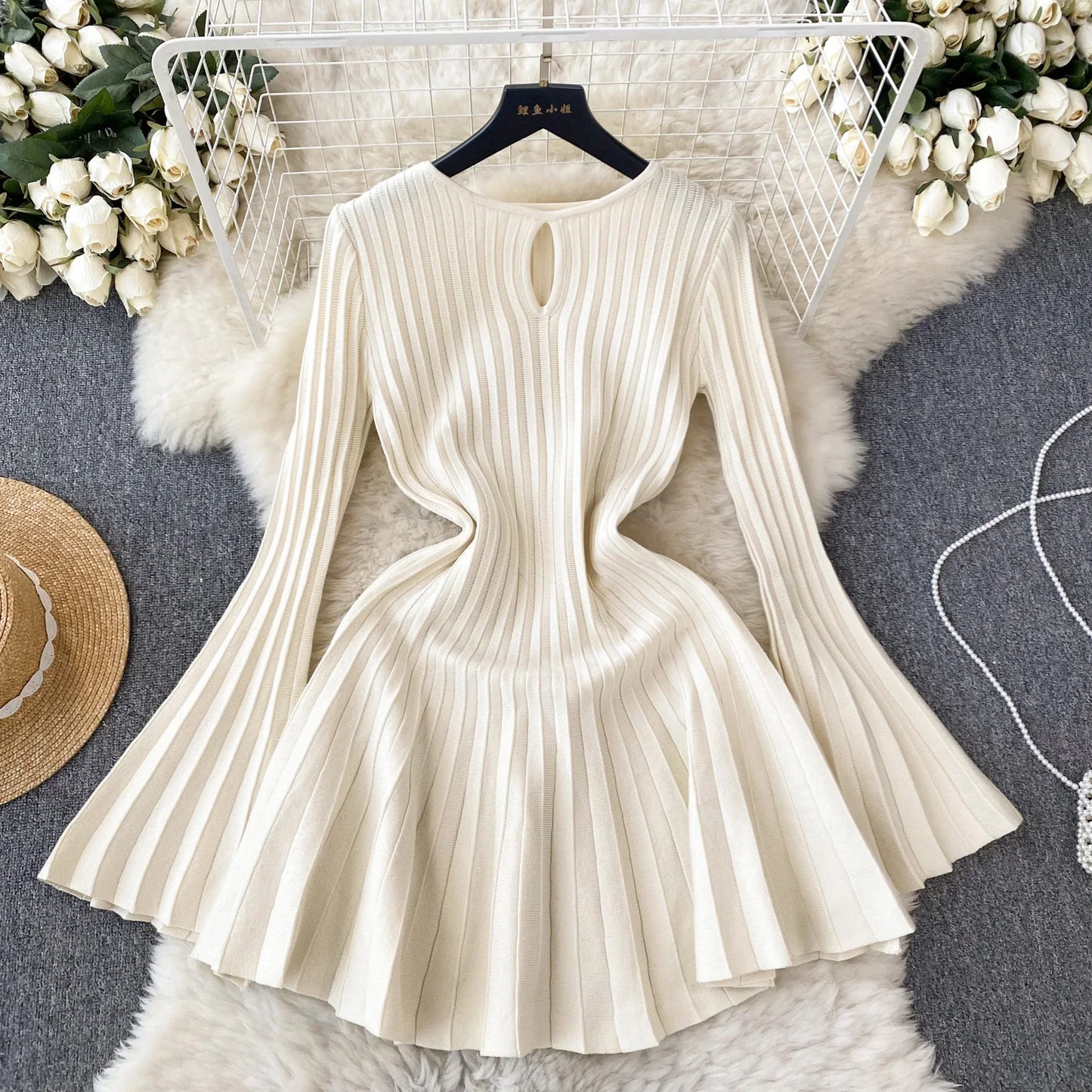 SINGREINY Elegant Knit Pleated Mini Dress Women Soft Ribbed Solid Flare Sleeve Fashion Lady Casual Sweater Slim Dresses
