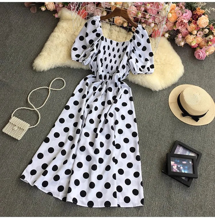 YuooMuoo Korean Fashion Polka Dot Print Women Dress Summer Elegant Puff Sleeve Vacation Long Dress