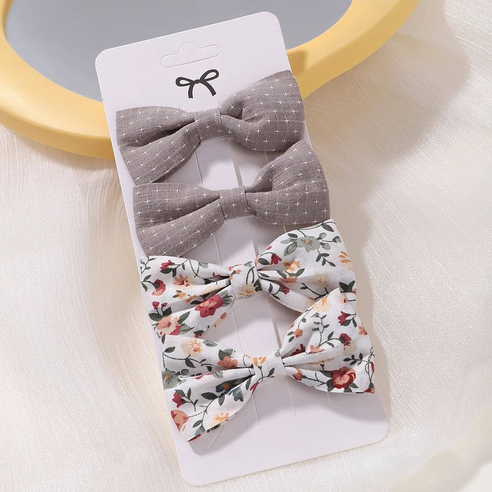 4PCS/Set Muslin Baby Girls Bows Hair Clips Hairpins Hairclip For Kids Cotton Linen Barrette Flower Print Side Pin Accessories