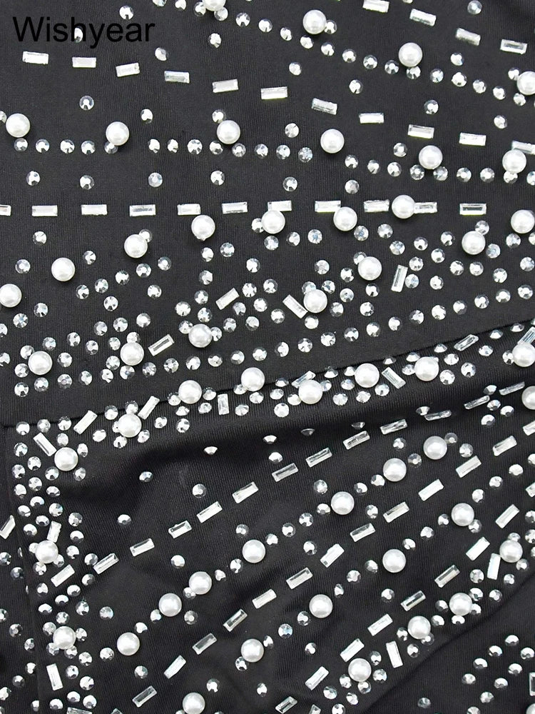 Wishyear Spring Sexy Party Club Birthday Evening Rhinestone Diagonal Collar Long Dress for Women Sleeveless Maxi Vestidos Luxury