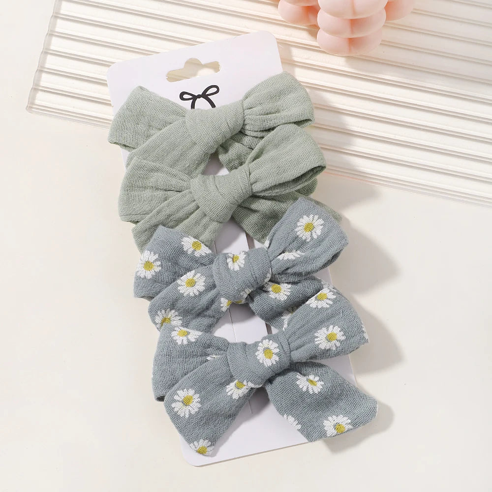 4PCS/Set Muslin Baby Girls Bows Hair Clips Hairpins Hairclip For Kids Cotton Linen Barrette Flower Print Side Pin Accessories