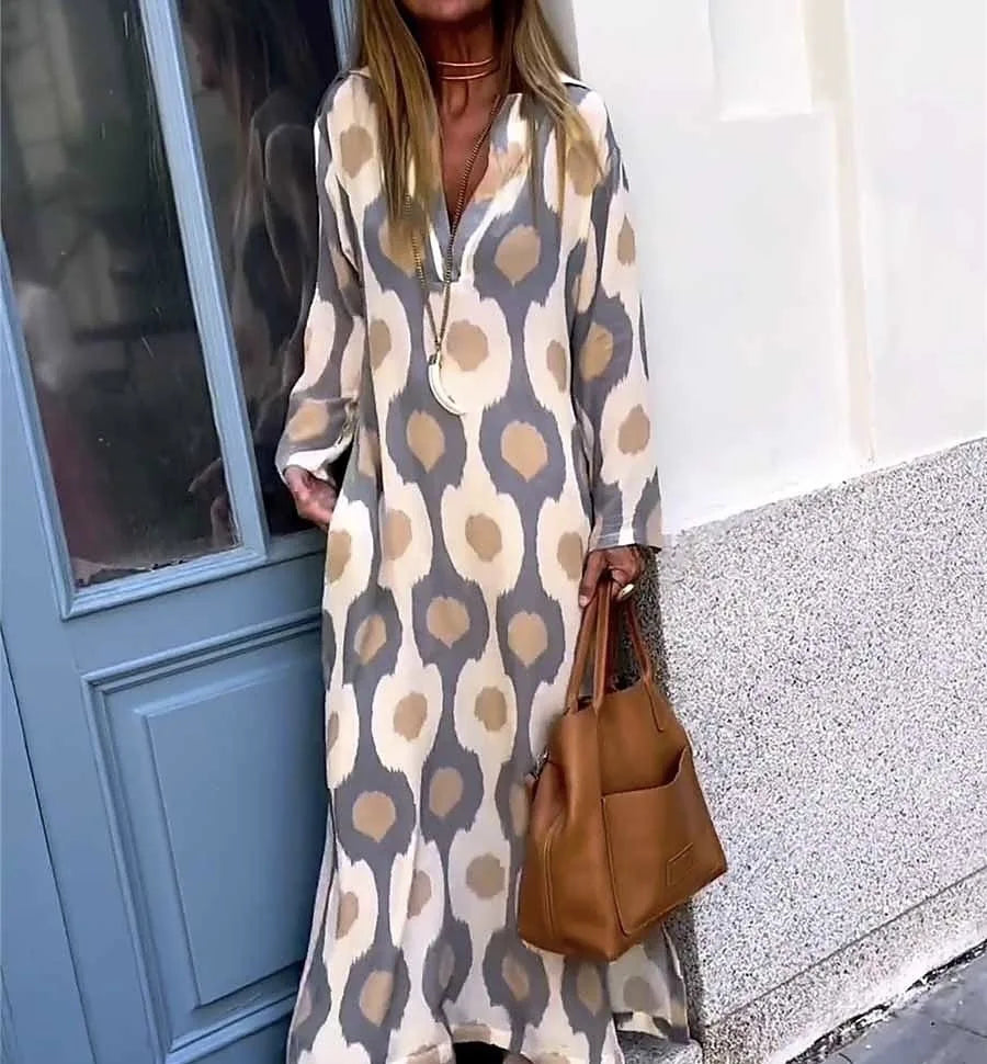 Bohemian Casual Print V-neck Long Dress Spring Autumn Vintage Mosaic Print Maxi Dress Loose Long Sleeve Holiday Dresses Vestido