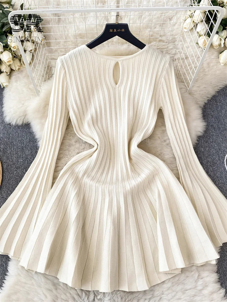 SINGREINY Elegant Knit Pleated Mini Dress Women Soft Ribbed Solid Flare Sleeve Fashion Lady Casual Sweater Slim Dresses