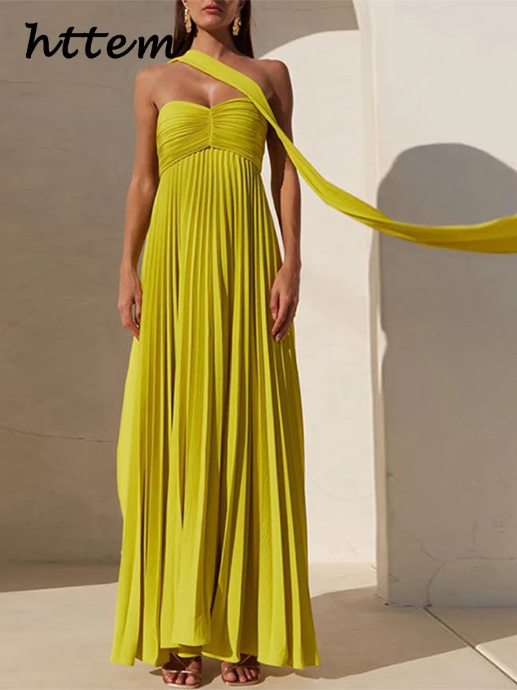 Elegant Strapless Ribbon Long Dress Women Sexy Sleeveless Backless Pleated Party Dresses 2025 Summer Lady Sexy Evening Robes New