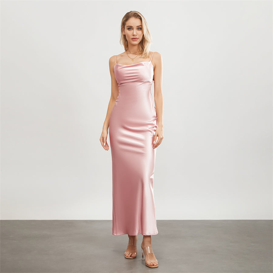 Elegant Satin Long Dress Solid Color Sleeveless Cowl Neck Wrap Party Dress