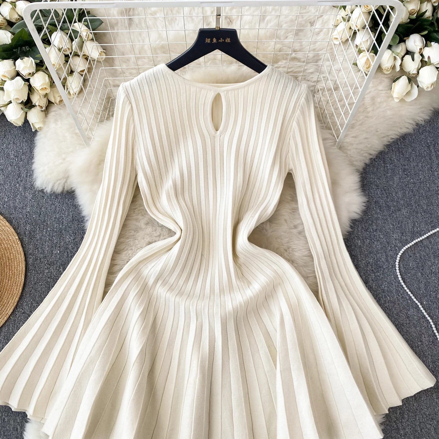 SINGREINY Elegant Knit Pleated Mini Dress Women Soft Ribbed Solid Flare Sleeve Fashion Lady Casual Sweater Slim Dresses