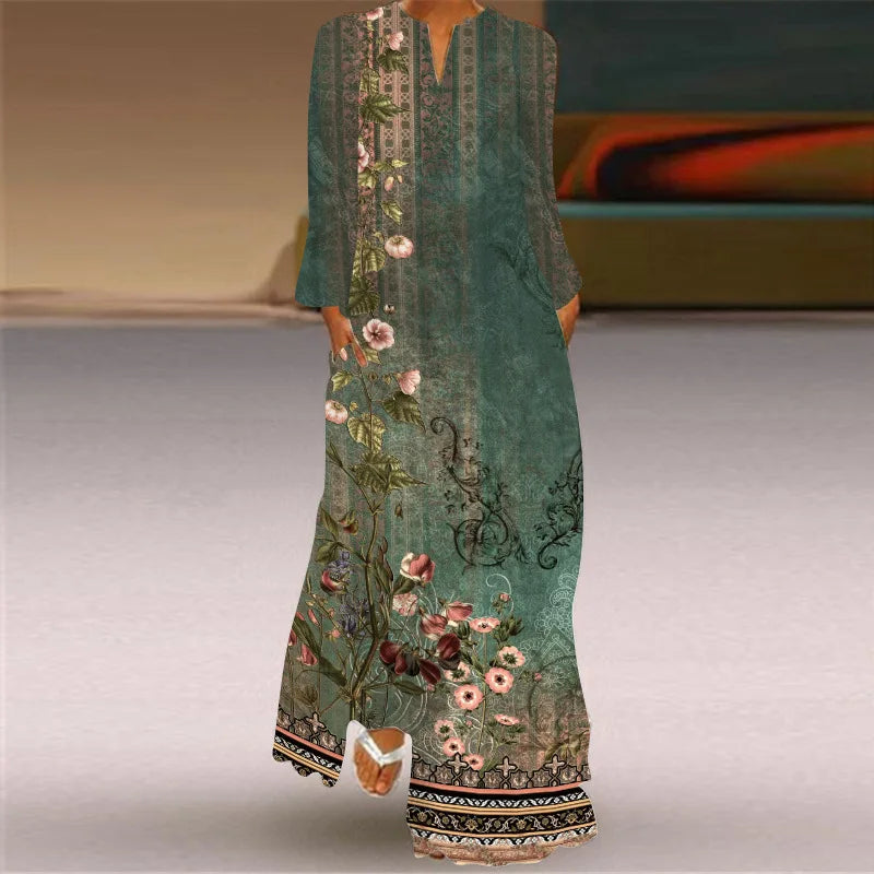 Elegant Bohemian Retro Ethnic Style Large Swing Long Dress 2025 New Women's V-neck Long Sleeved Pocket Printed Loose Dress Femme