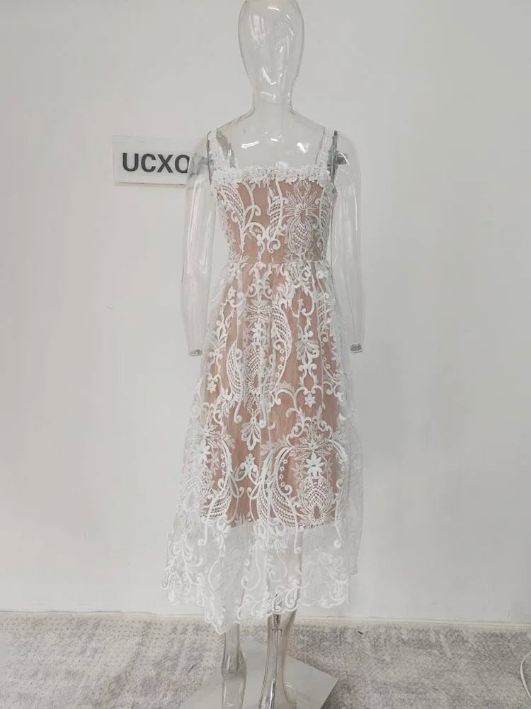 UCXQ Square Neck Lace Embroidery Elegant Long Dress Fairycore Waist Sleeveless Camisole Dresses Women 2025 Spring Summer 23A8639