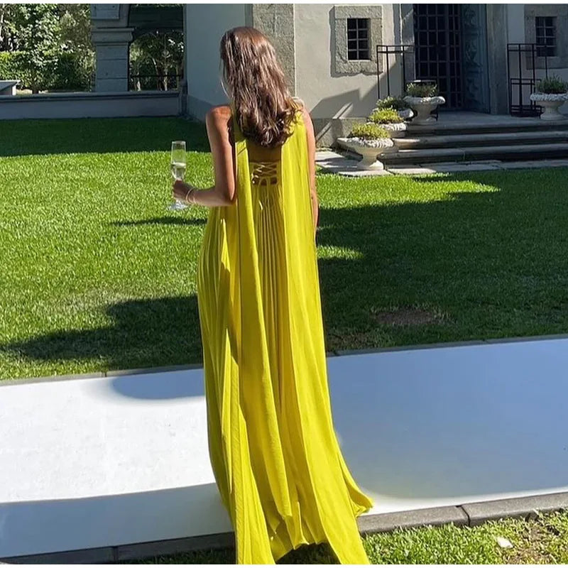 Elegant Strapless Ribbon Long Dress Women Sexy Sleeveless Backless Pleated Party Dresses 2025 Summer Lady Sexy Evening Robes New