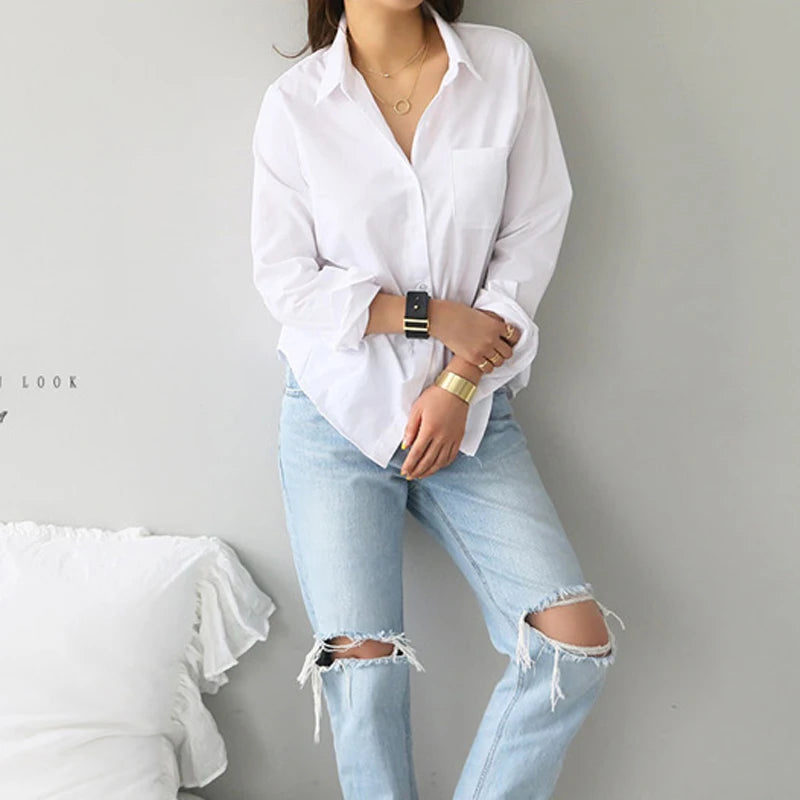 Women Shirts and Blouses 2025 Feminine Tops Long Sleeve Casual White Turn-down Collar OL Style Elegant Loose Clothes 3496 50