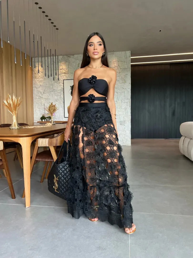 3 Pcs Dress with Swimwear 3D Flower Swimwear Women Elegant Dresses For Women Slim Long Dress Lady Eveing Robe Party Dress