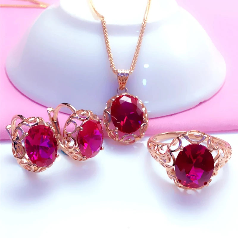 Luxury 585 purple gold inlaid ruby jewelry set hollow design 14K rose gold wedding necklaces rings earrings for girlfriend