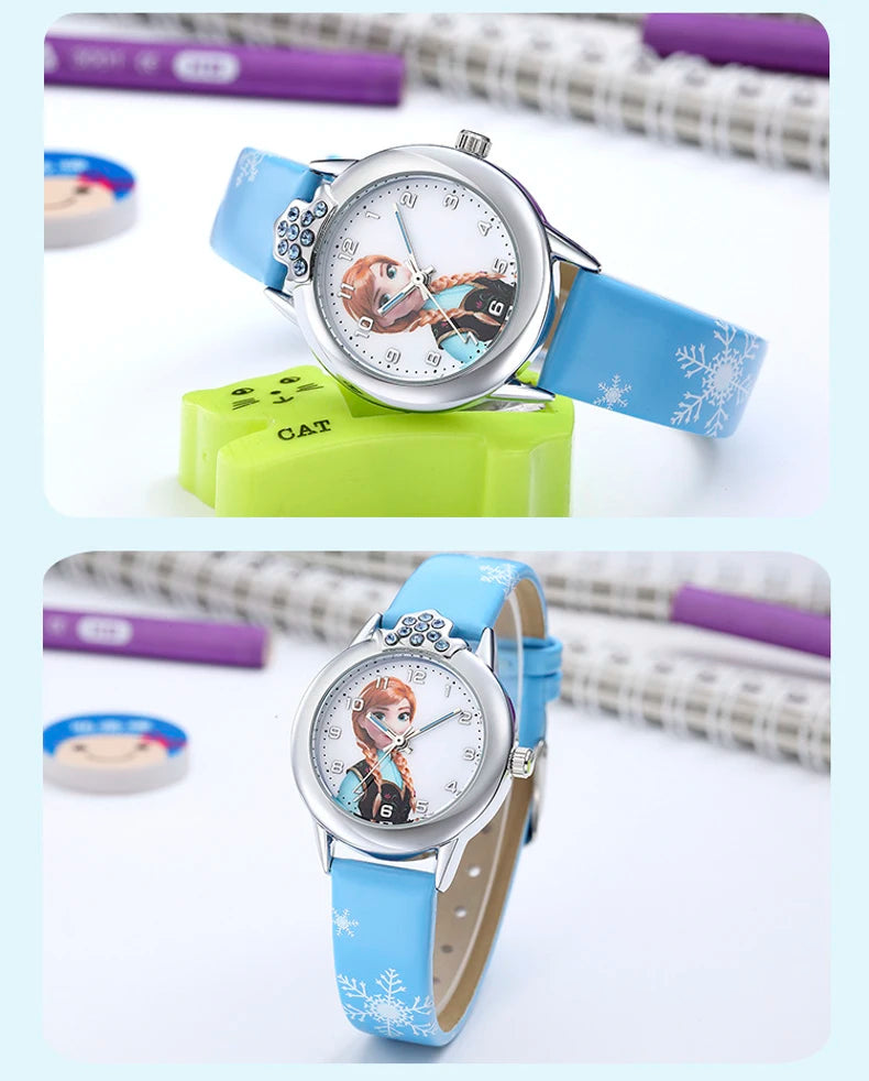 Elsa Girls Kids Watch Leather Strap Cute Children's Cartoon  Anime Princess Crown Table Gifts