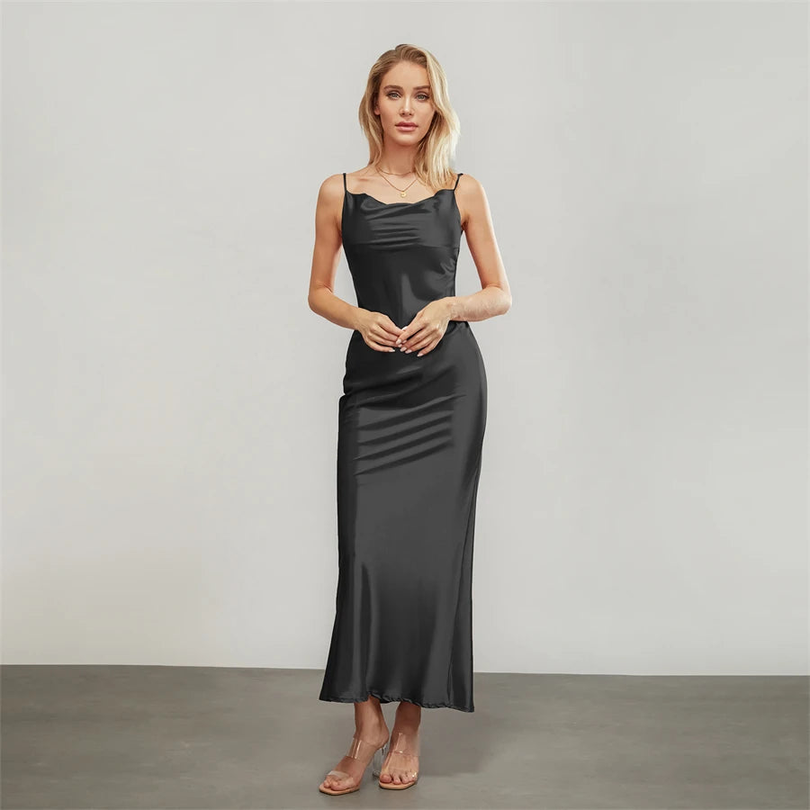 Elegant Satin Long Dress Solid Color Sleeveless Cowl Neck Wrap Party Dress