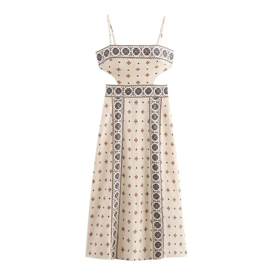 TRAFZA Women Vintage Print Sling Long Dress 2025 Fashion Hollow Out Sleeveless Backless Button Holiday Dresses Lady Slim Robes