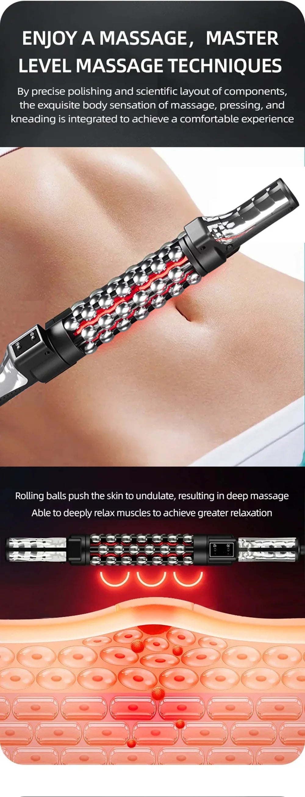 Relaxed Red Light Heated Massage Device 360 Rotating Inner Ball Muscle Relaxation Massage Roller For Whole Body Anti Cellulite