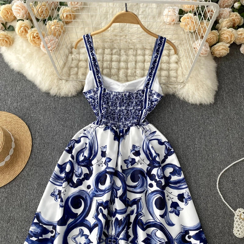 New Summer Holiday Elastic Yellow Print Long Dress Women's Spaghetti Strap Cup Padded Backless Blue White Porcelain Maxi Vestido