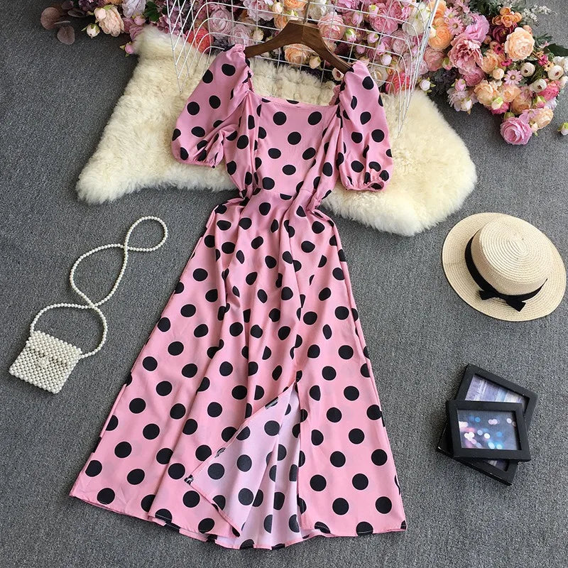 YuooMuoo Korean Fashion Polka Dot Print Women Dress Summer Elegant Puff Sleeve Vacation Long Dress