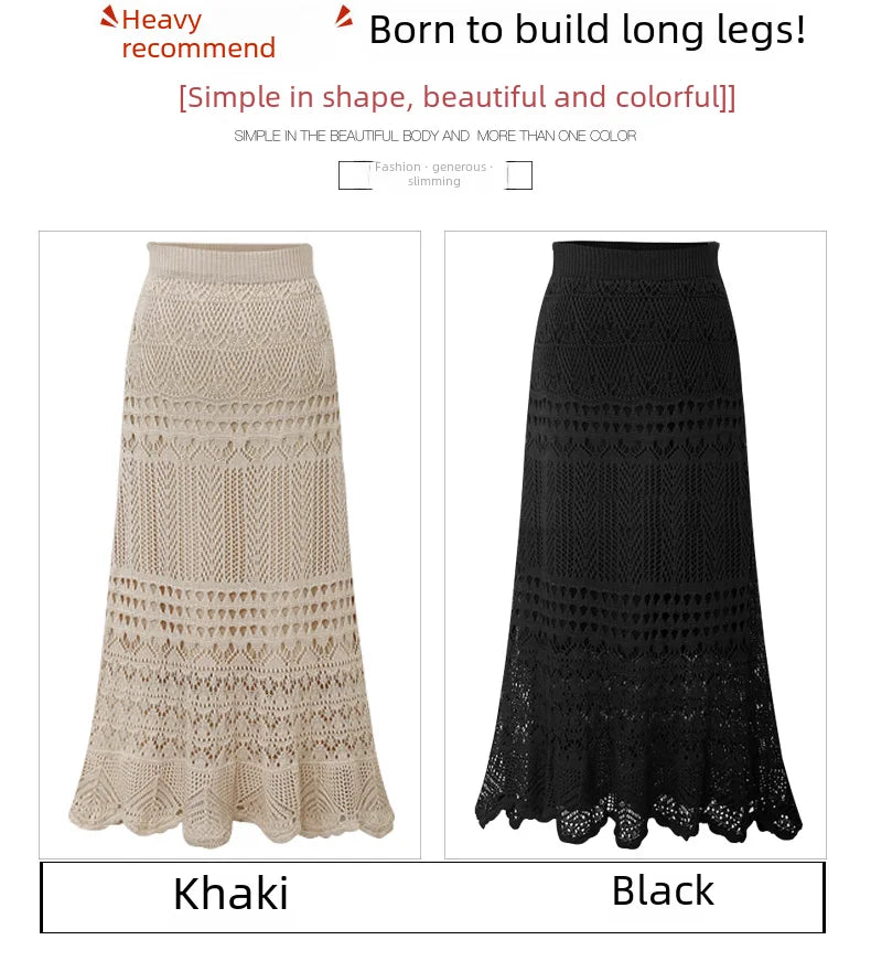 Spring Autumn High-waisted Loose-fit Knit Skirt Women's Hook Flower Hollow Out Long Dress 90cm