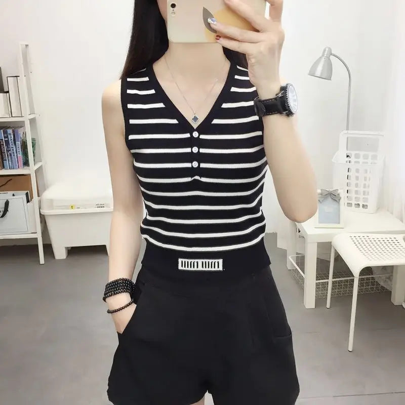 Summer New Short Ice Silk Sling Striped Tank Women's V-neck Button Slim Elastic Versatile Fashion Knitted Sleeveless Top