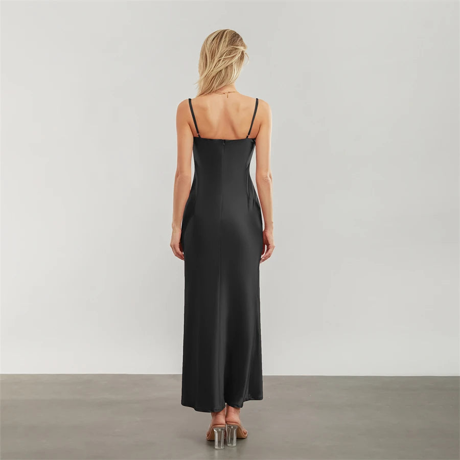Elegant Satin Long Dress Solid Color Sleeveless Cowl Neck Wrap Party Dress