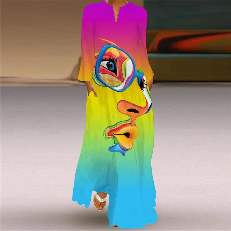 Elegant Bohemian Retro Ethnic Style Large Swing Long Dress 2025 New Women's V-neck Long Sleeved Pocket Printed Loose Dress Femme