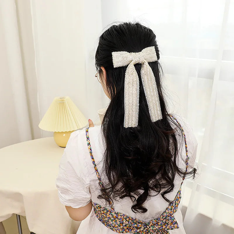 Glass Diamond Beaded Full Pearls Hairclip Bows Ribbon Barrette Girls Bow Hairpins Wedding Hair Accessories Hair Clips Women