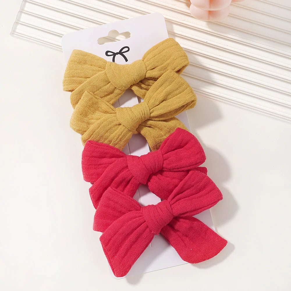 4PCS/Set Muslin Baby Girls Bows Hair Clips Hairpins Hairclip For Kids Cotton Linen Barrette Flower Print Side Pin Accessories